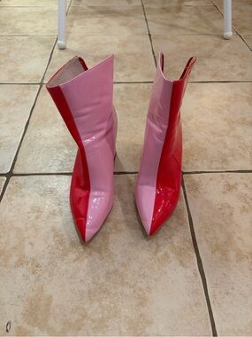 Patent Two-Tone Pink and Red Pointed Ankle Boots